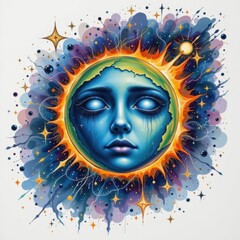 Wall Mural - watercolor painting of the earth with a melancholic face, gentle blending of stars and space elements