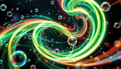 Poster - neon glow digital art with luminous, semi transparent swirl and bubbles, bright neon greens against a dark background