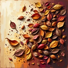 Poster - impressionist style with loose brushstrokes capturing the texture and movement of scattered tea leav