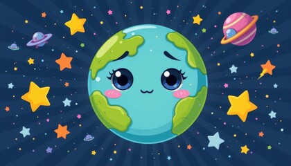Wall Mural - cute cartoon earth with big, teary eyes and a small frown, surrounded by pastel colored stars and space objects