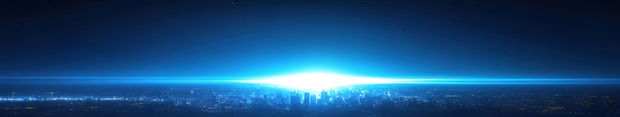 Poster - 濃い青色の背景に光のフレアと輝きのある抽象的な未来的な風景と技術的な要素のイラスト