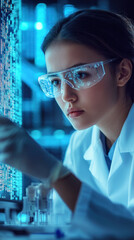 Poster - A woman wearing a lab coat and goggles is looking at a computer screen. She is focused on the screen and she is working on a project