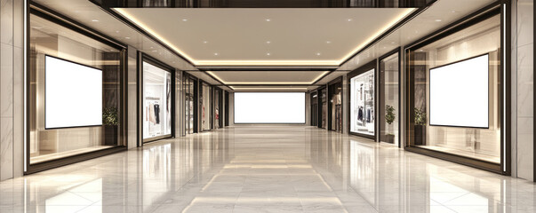 Poster - A large, empty shopping mall with a white ceiling and white walls. The mall is empty and has no people or signs