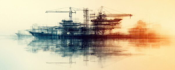 Poster - A blurry image of a large oil rig with a crane on top. The image is a representation of the industrial nature of the oil industry and the impact it has on the environment