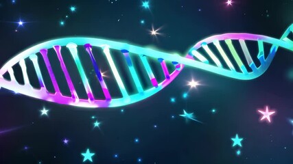 Poster - Colorful DNA Double Helix Animation on Dark Background with Stars 4K.