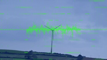 Poster - Wind turbine rotating atop rolling farmland, showing green data overlay pulsating across landscape