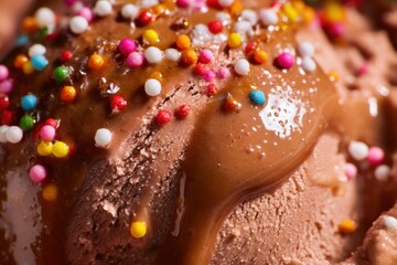 Aufkleber - Melting Chocolate Ice Cream Topped With Colorful Sprinkles and Caramel Sauce in a Warm Summer Setting Generative AI