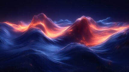 Poster - オレンジと青の抽象的な山の風景 星と光の波 未来的なデジタルアートワーク ダークな背景にテクスチャ
