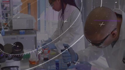 Poster - Lab researchers using pipettes and microscope, mixing liquids, overlay showing crosshair graphics