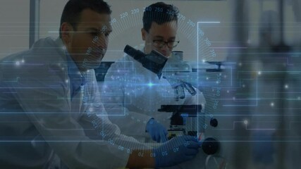 Aufkleber - Two male scientists adjusting microscope in research lab, showing floating digital data overlay