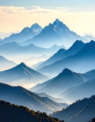 Wall Mural - Majestic Mountain Range with Snow-Capped Peaks and Soft Fog