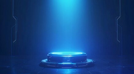 Aufkleber - 青色のライトを照らす未来的な技術プラットフォーム プレゼンテーション用の抽象的な背景デザインと照明効果を備えた3Dレンダリング