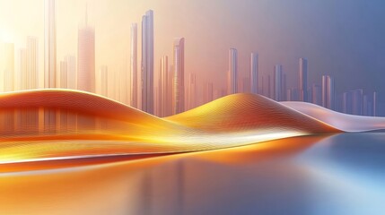 Aufkleber - 黄金色の光が差し込む抽象的な都市景観 未来的な高層ビルと幾何学的な丘の背景デザイン