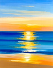 Wall Mural - Vibrant Sunset Over Calm Ocean Water with Golden Reflection