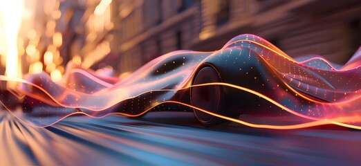 Aufkleber - 都市景観の抽象的な輝く波と線 夜明けのデジタルエネルギーと青とオレンジ色の光の背景に未来的なテクノロジーデザイン