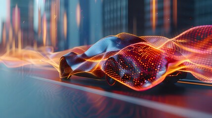 Poster - 抽象的な未来の車が高速道路を走るデジタルエネルギーの光で表現された交通輸送技術革新的な運転と接続を表す