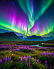Wall Mural - Stunning Aurora Borealis Over Majestic Mountains and Vibrant Flowers