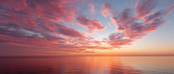 Poster - Vibrant sky with pink clouds reflecting on calm water, serene sunset horizon, tranquil atmosphere, peaceful seascape, colorful evening light