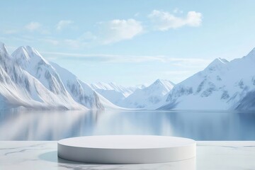 Aufkleber - 雪山と湖の風景 白い円形プラットフォームと青空 冬の自然美のシーン 静寂と透明感に満ちた寒冷地の眺め