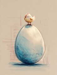 Poster - Whimsical Sketch Featuring a Small Chicken Perched on Top of a Large Egg Against a Soft Pastel Background Generative AI