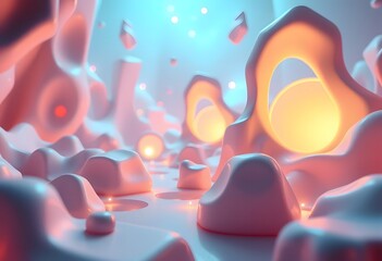 Aufkleber - Dynamic Holographic Scene, Abstract Shapes Glow, Futuristic Environment, Soft Lighting. Colors Interplay, Creating Visual Depth. Future Tech, Modern Design.