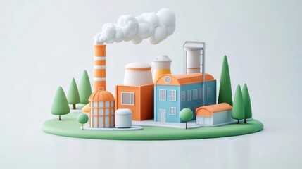 Aufkleber - パステルカラーのミニチュア工場モデル、煙突から煙が立ち上り、環境をテーマにした3Dレンダリングと環境保護への配慮