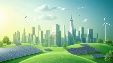 Poster - 環境都市のパノラマ 風力タービンと太陽光パネルのある緑豊かな丘陵地帯と高層ビルが並ぶ都市景観 太陽光を利用した持続可能な未来