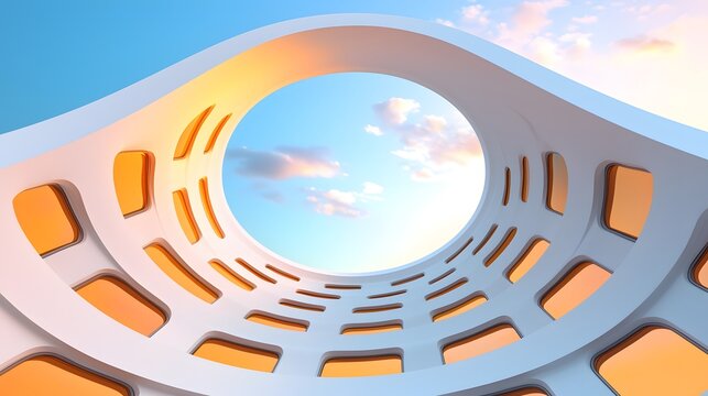 Abstract Architecture Line Art: Upward Curving White Structure with Orange Windows