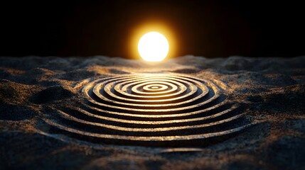 Poster - Abstract Concentric Circles Pattern on Dark Sand Desert at Sunset