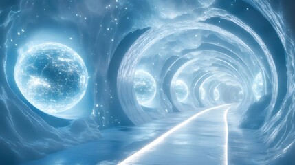 Aufkleber - 青い光が輝く抽象的なトンネル 未来的な背景 デザインとデジタルのアートワーク