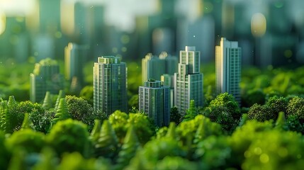Aufkleber - 緑豊かな木々に囲まれた高層ビル群のミニチュア風景 ミニマルな緑と灰色の都市景観における環境の持続可能性を強調