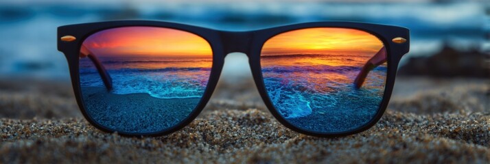 Fototapete - Side Mirror Sunglasses With Beach Reflection Capturing a Vibrant Sunset Over the Waves at Dusk Generative AI