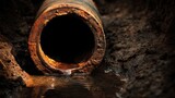 Close-up View of Rusted Pipe Discharging Water into Dark, Wet Ground with Natural Light Highlighting Texture and Surroundings