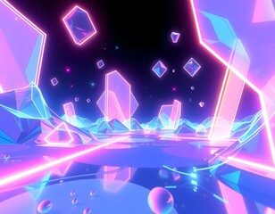 Fototapete - Abstract Digital World, Holographic Forms Flow, Bright Neon Lights Create Dynamic Effects. Visual Elements Dance Freely, It Is A Futuristic Vision. Technological Art Shows Colorful Design.