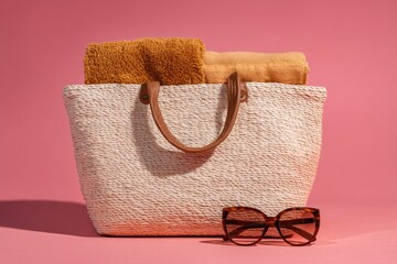Poster - Wide Straw Bag Filled With Towel and Sunglasses for Beach Day Preparation in Sunny Outdoor Setting Generative AI