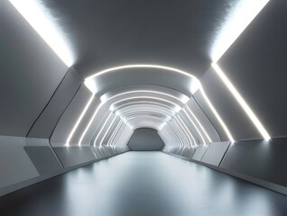 Aufkleber - 光沢のある白いライトと幾何学的な構造を持つ未来的な銀色のトンネル 建築 廊下 スペース デザインとテクスチャ