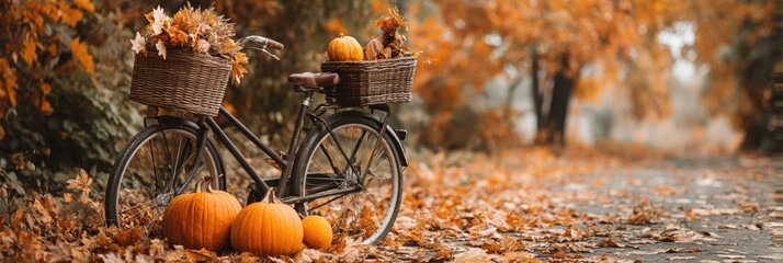 Aufkleber - Vintage Bicycle Displays Basket Filled With Pumpkins and Autumn Leaves Along a Scenic Path in the Heart of Fall Generative AI
