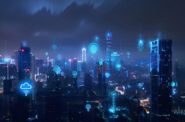 Aufkleber - 青い光で照らされた高層ビル群の未来的な夜景の都市景観 パノラマ ビジネスと技術のコンセプト
