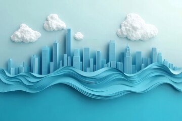 Aufkleber - 穏やかな青い空の下のモダンな都市景観 抽象的な波状の海とふわふわの雲と高層ビルを特徴とするミニマルなデザイン 未来の背景を持つ都会の楽園