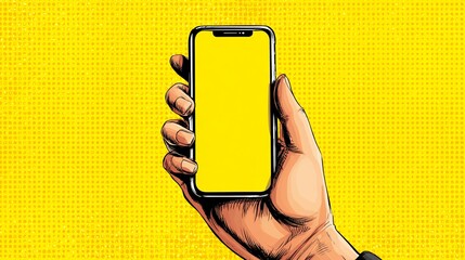 Fototapete - Hand holding smartphone with yellow screen against yellow dotted background Mockup for app presentation or advertisement
