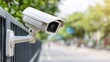 © Moopingz - White security camera mounted on a metal fence, monitoring a blurred street with trees.