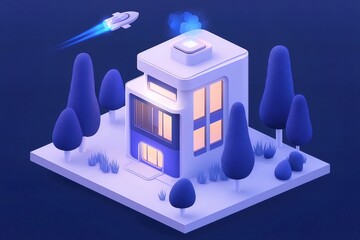 Poster - 未来的な等角投影の家とロケットが暗い青色のシーンで発射するイラスト