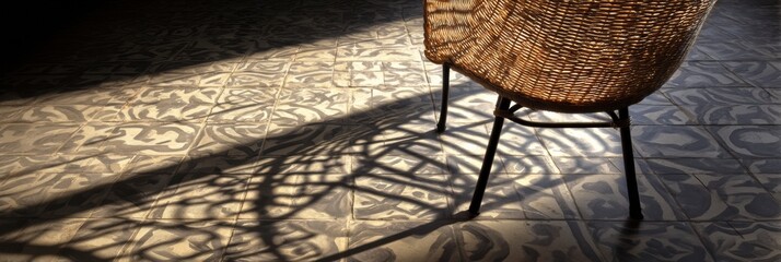 Aufkleber - Wicker Chair Casting Intricate Shadows on Tiled Floor in a Sunlit Room Generative AI