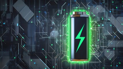 Aufkleber - 緑色の稲妻が付いた黒いバッテリーのクローズアップとハイテクな抽象的な背景に光沢のある効果が特徴