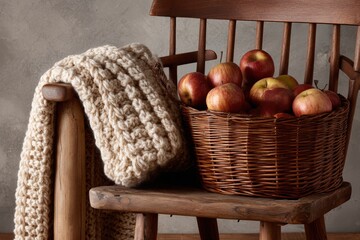 Poster - Cozy Wooden Chair Draped With a Knit Throw Beside a Basket Filled With Fresh Apples, Creating a Warm and Inviting Atmosphere Generative AI