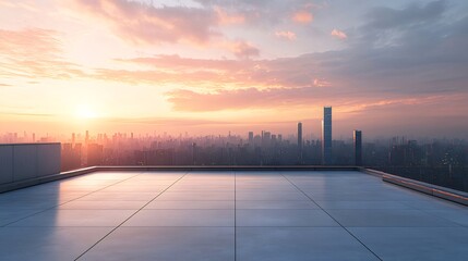 Aufkleber - 日の出時の高層ビル群の屋上からの眺め 夕焼け色の空と都市景観のパノラマ