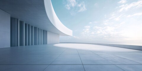 Aufkleber - 抽象的な現代建築デザインの眺め 空色の空と白いコンクリートの構造物 未来的な都市景観ミニマリストスタイルの階段と幾何学的なパターンが特徴