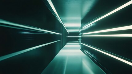 Aufkleber - 輝く青緑色の光が特徴のモダンな抽象トンネルの内部 未来的な空間デザインと反射面と暗い背景