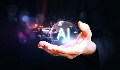 Fototapete - Artificial Intelligence. Businessman using technology smart robot intelligence by enter command prompt for generates something, Futuristic technology transformation