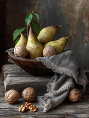 Poster - Rustic Setting With a Wooden Bowl of Pears and Walnuts on a Weathered Table With a Linen Napkin Generative AI